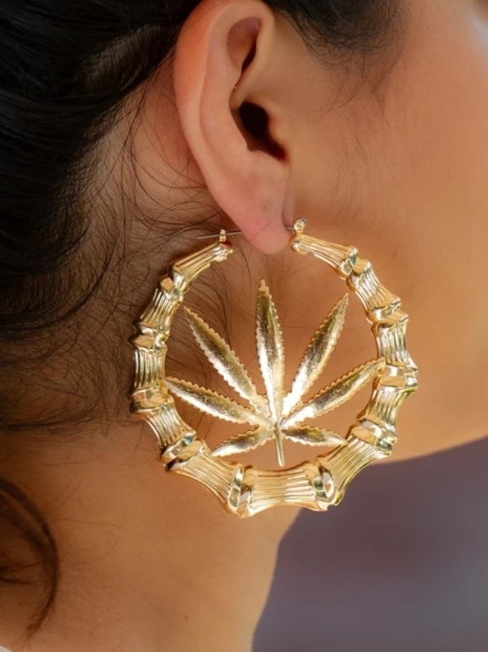 SILVER Leaf Bamboo Hoop Earrings - Women Jewelry